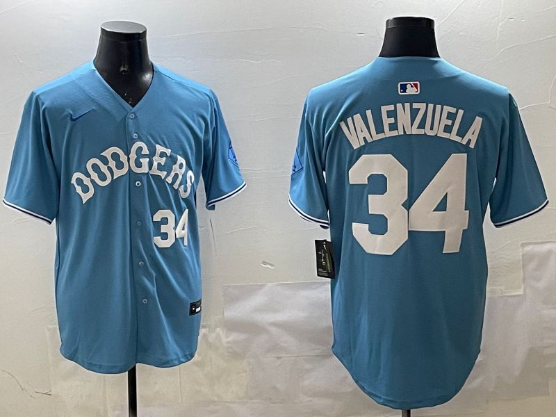 Men Los Angeles Dodgers #34 Valenzuela Light Blue Joint Name 2025 Nike MLB Jersey style 3167